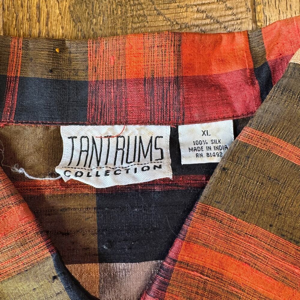 Vtg Tantrums Collection Womens Sz XL Orange Green Plaid 100% Silk Button Blouse - Picture 2 of 5